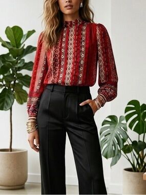 LOFT Top XSP Red Floral Puff Long Sleeves Bow Tie Detail Western Boho Peasant